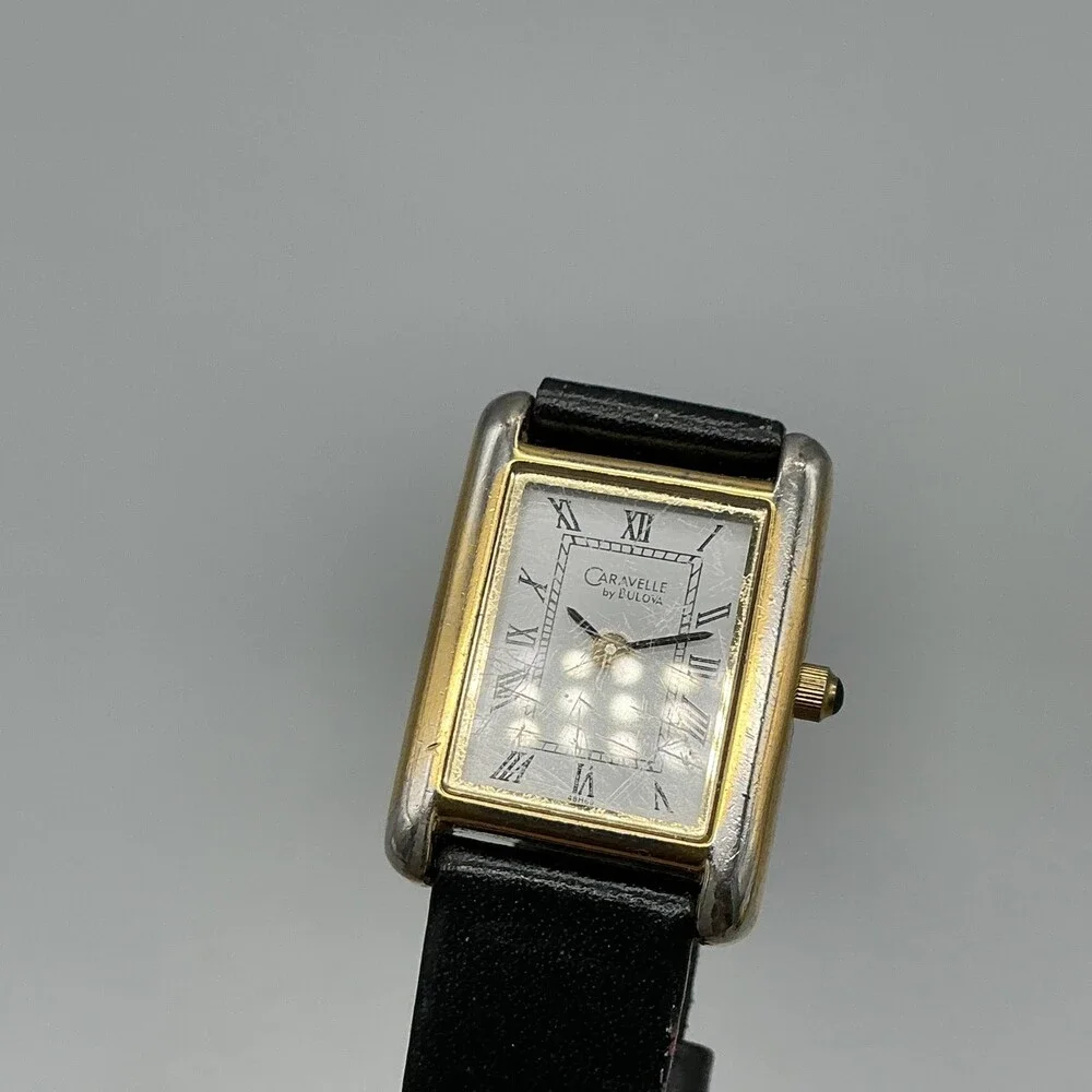 Caravelle By Bulova Womens Watch 20mm Tank White Dial Black Leather New Battery